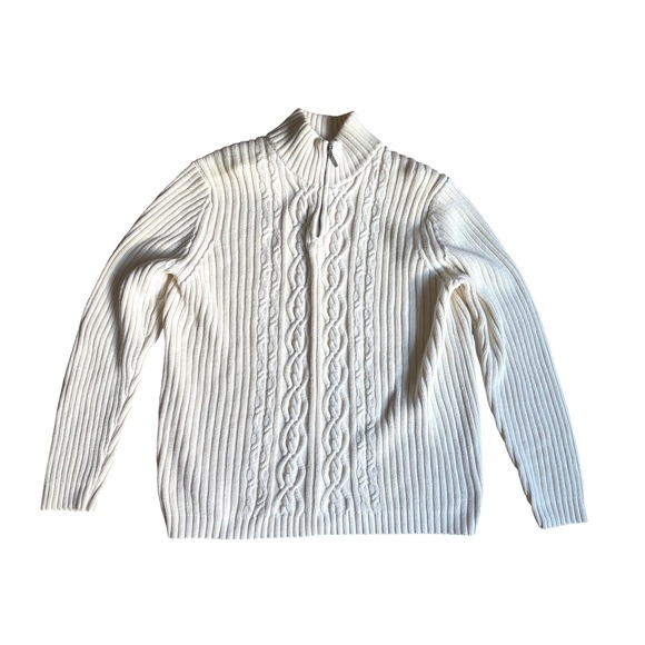 Lands End Sweaters - VTG 90s Lands End Cream 100% Cotton Cable Knit Quarter Zip Sweater Old Money